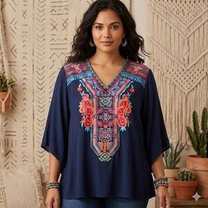 Calessa Embroidered Floral Peasant Boho Artsy Top XL
